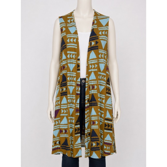 LuLaRoe Jackets & Blazers - LuLaRoe Joy Vest Womens Medium Mustard Yellow Geometric Ribbed Longline Duster